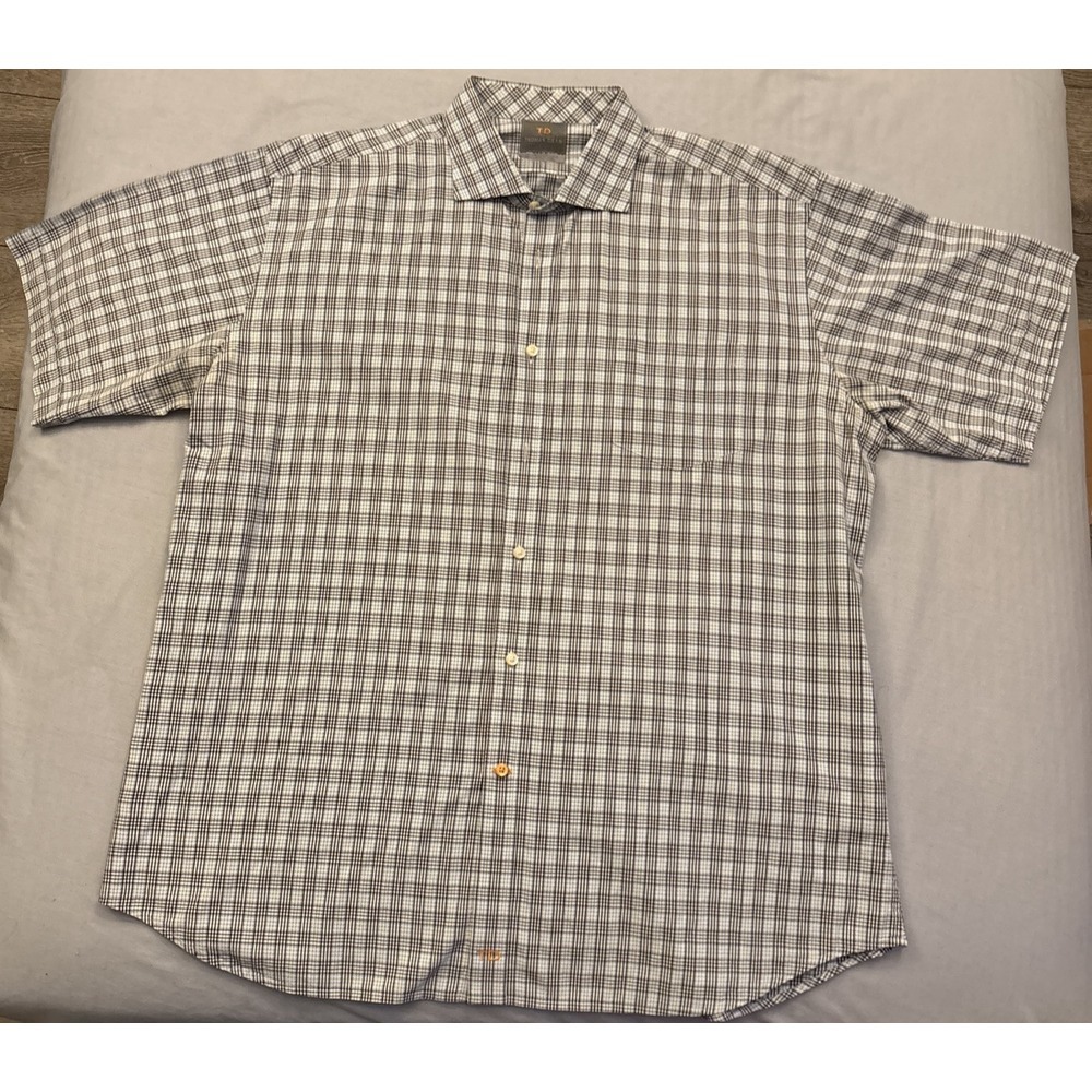 Thomas Dean Mens Shirt XL Blue Black Plaid Cotton Collared Short Sleeve